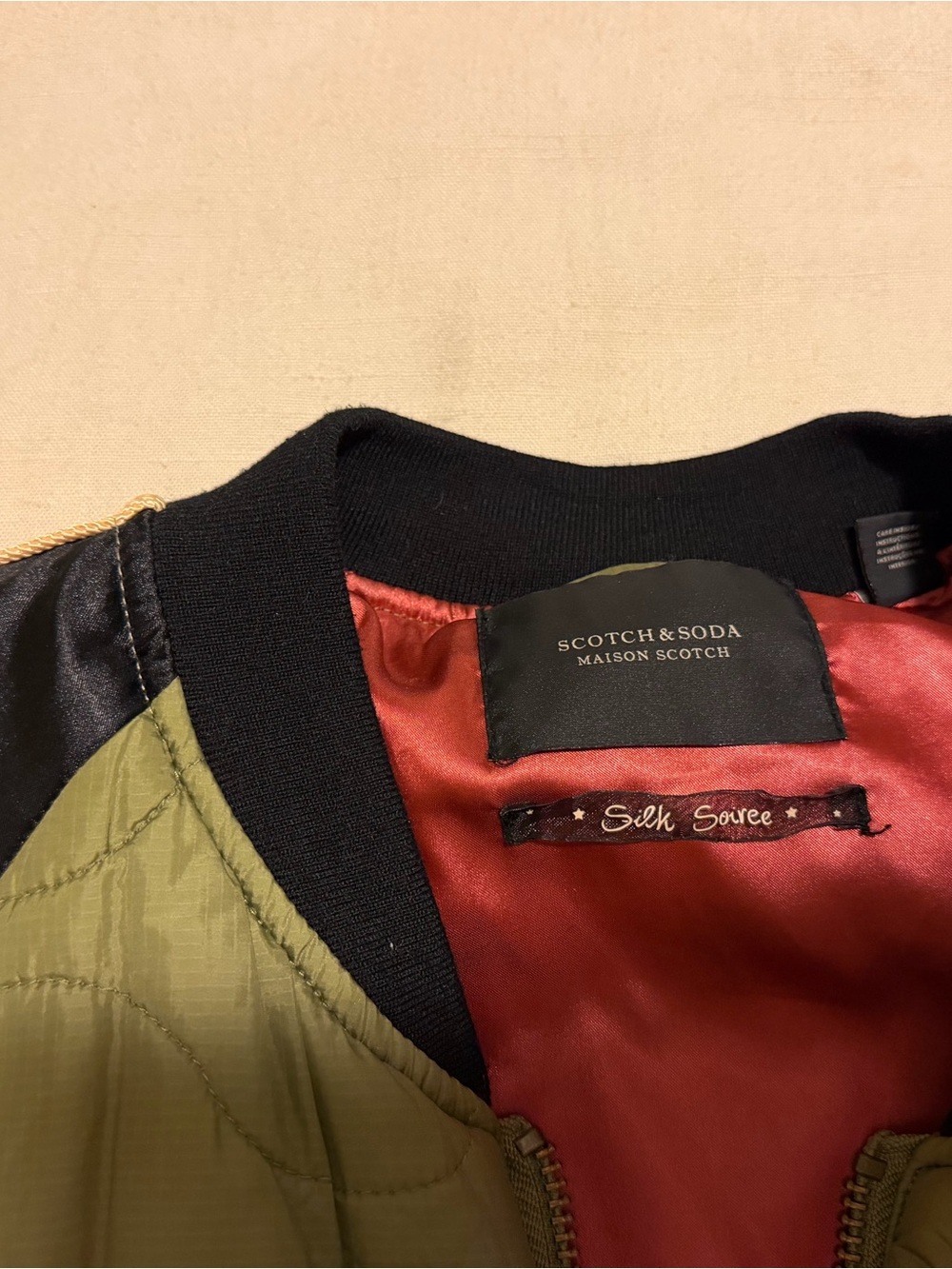 Scotch & Soda Olive Green and Black Quilted Bomber Jacket with Embroidered Eagle - Picture 5 of 5